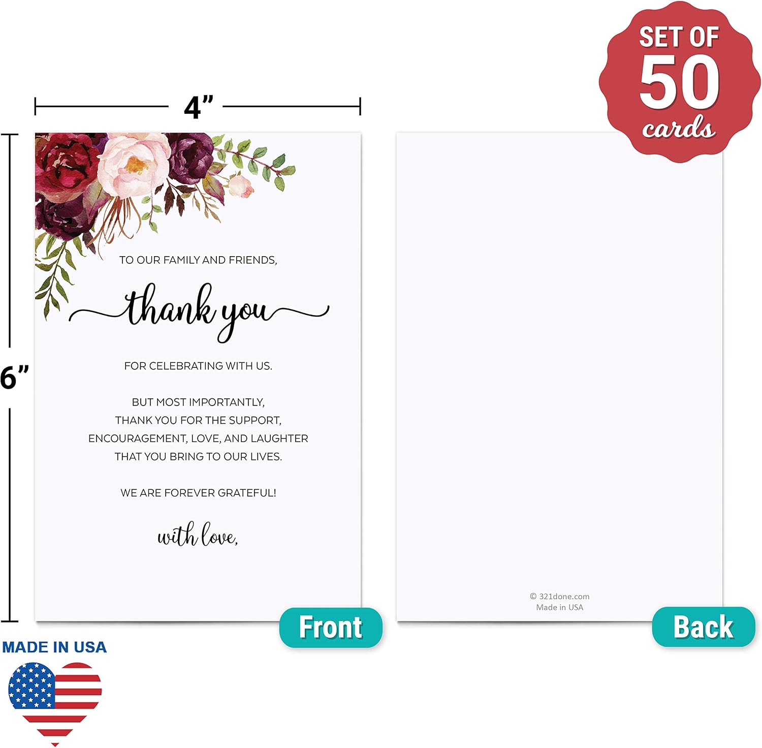 321Done Thank You Place Setting Cards, 4x6, Red Roses White, With Love