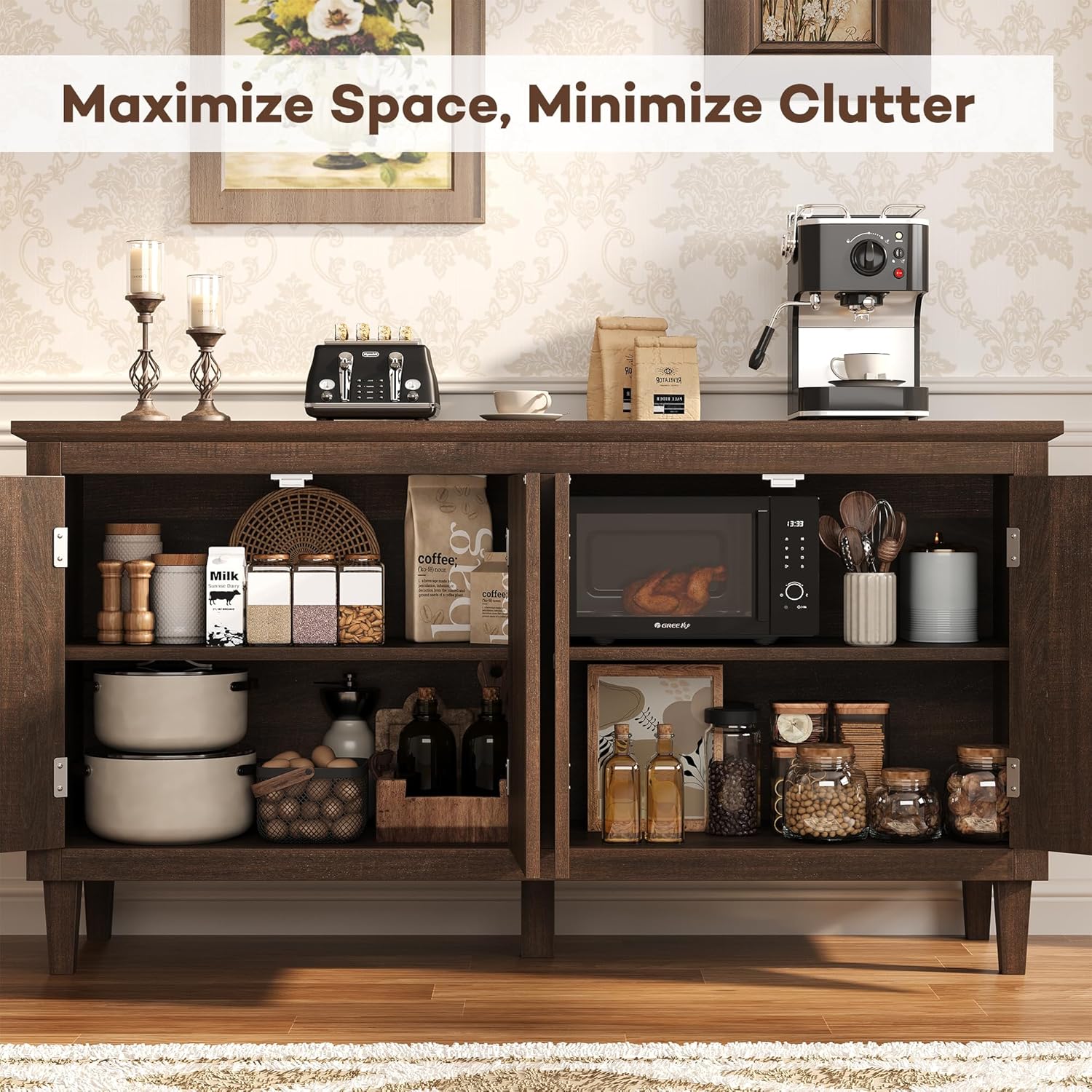 60" Mid Century Sideboard Cabinet with 4 Doors,Solid Wood Storage Buffet Cabinet& Coffee Station,Organization Console for Dining Room & Living Room