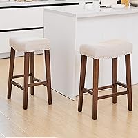 PrimeZone 26" Counter Height Saddle Bar Stools Set of 2 - Backless, 4.3" Thick Linen Cushion, Nailhead Trim, Solid Wood Legs for Kitchen Island, Beige