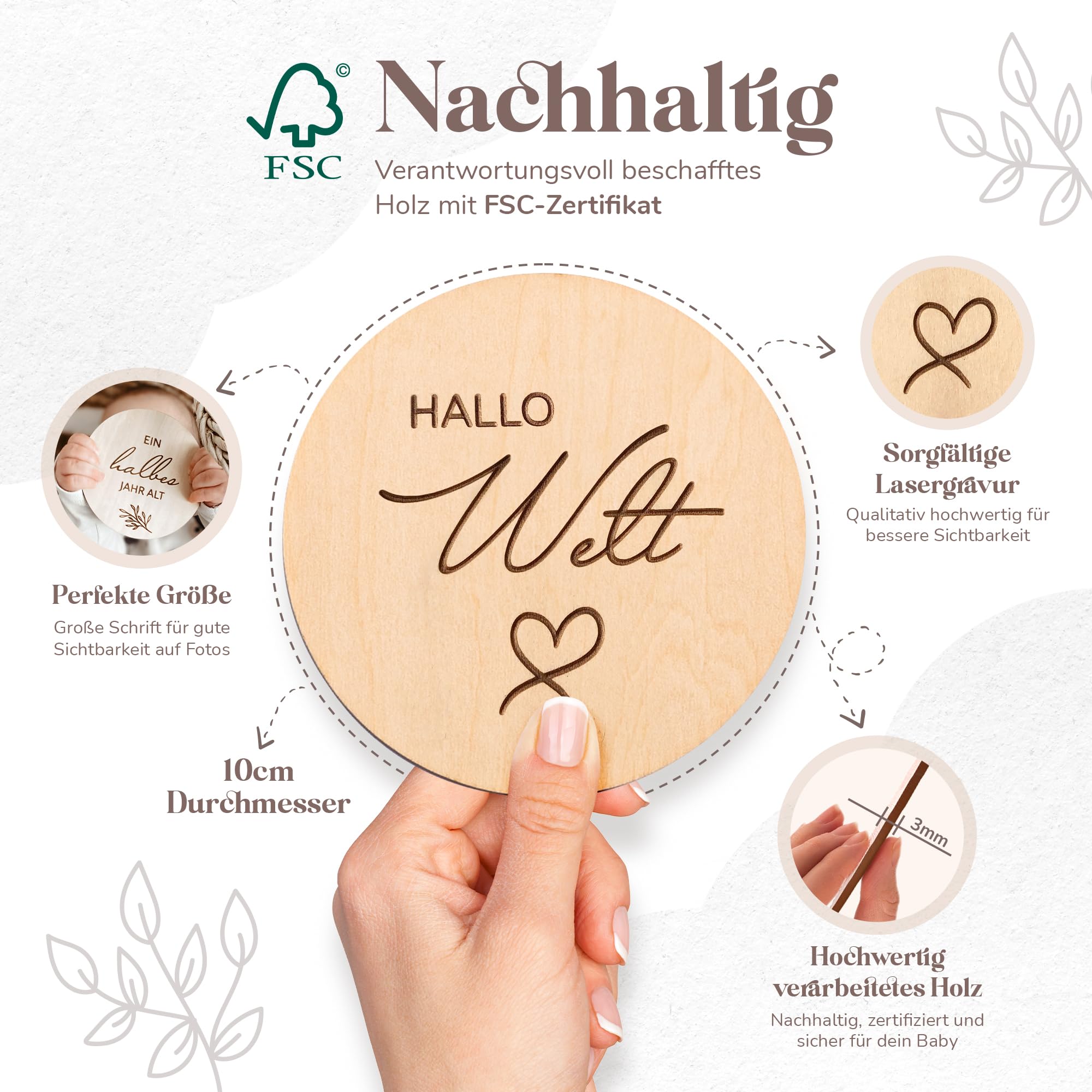 Holz Meilensteinkarten Baby auf deutsch - 30 Meilensteine auf edlen Holzscheiben als Geschenk zur Geburt/zur Babyparty für Schwangere, werdende Mütter, werdende Eltern.