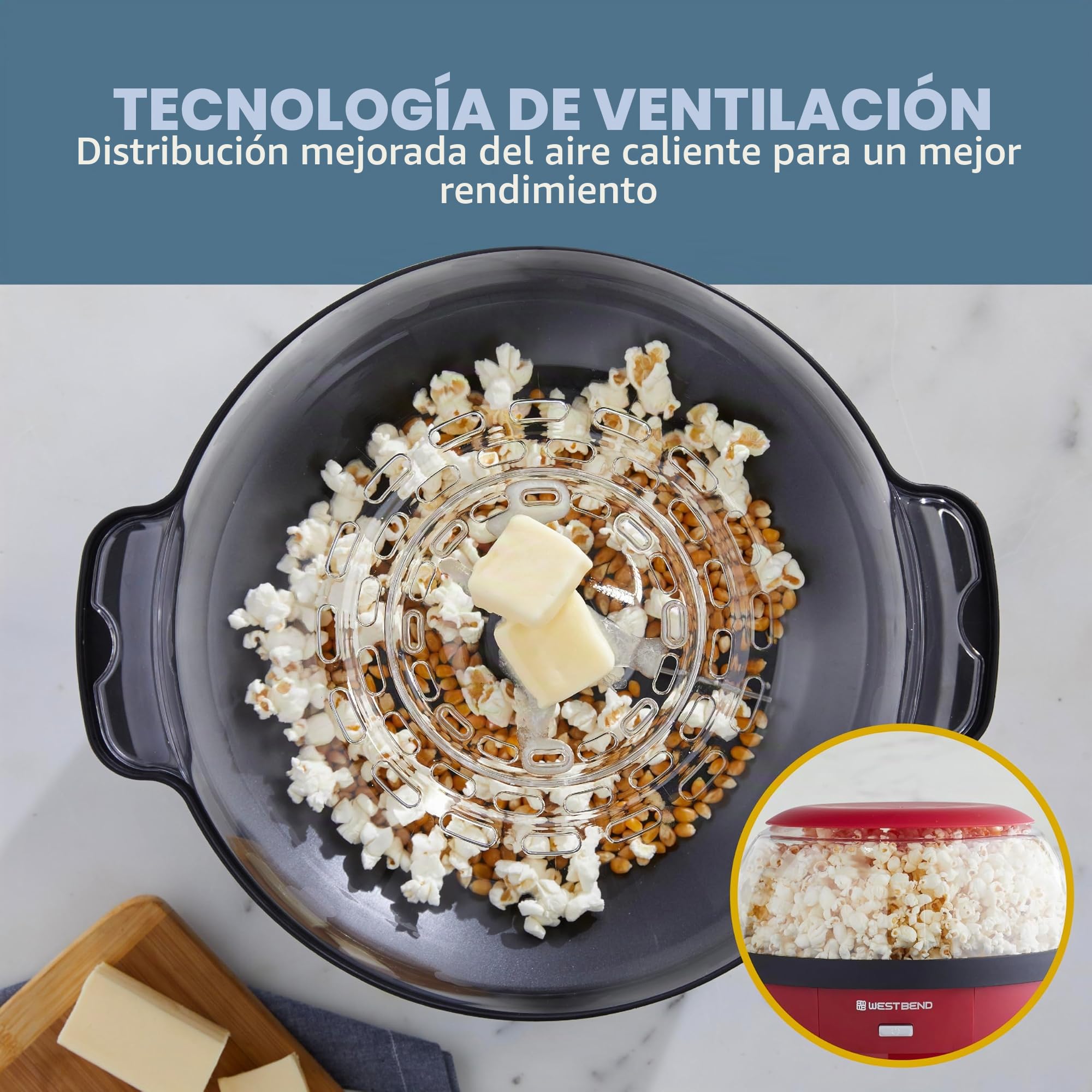 West Bend Stir Crazy Hot Oil Popper, máquina para hacer palomitas de maíz con tapa grande para servir y varilla de agitación, 6 cuartos de galón, rojo