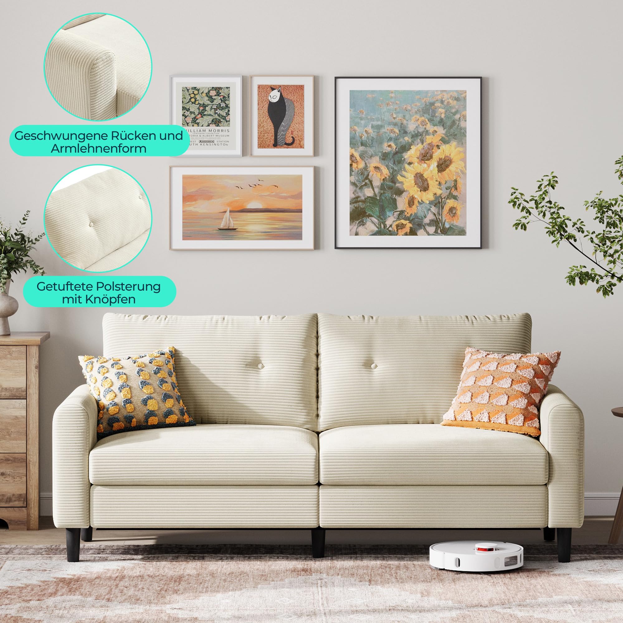 LINSY HOME Sofa 3 Sitzer, 201cm Breit Sofas mit Verstellbarer Sitztiefe, Kleine Sofacouch für Wohnzimmer Schlafzimmer Wohnung Büro, Cremefarben
