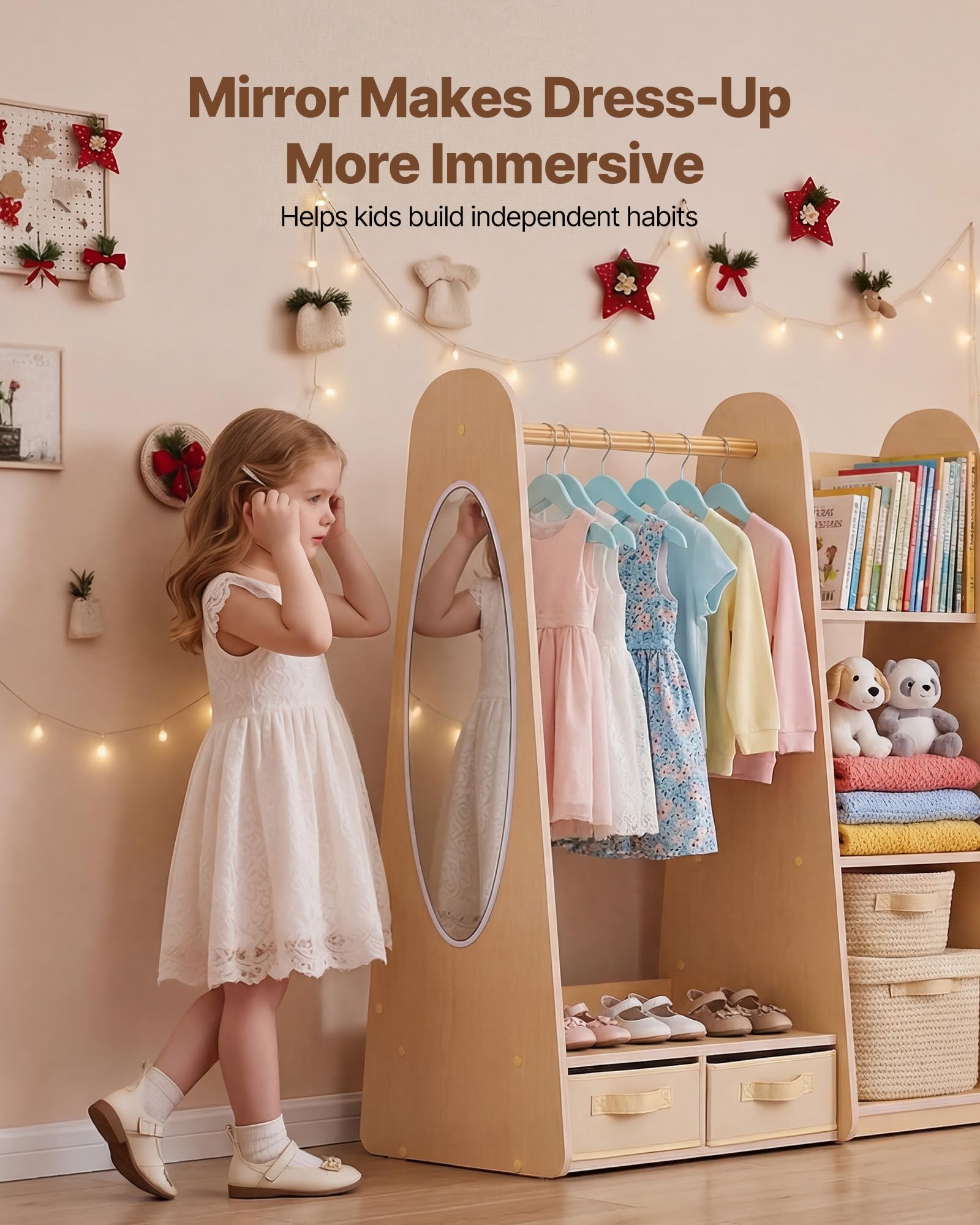 VEVOR Armario de Disfraces para Niños con Espejo, Mueble Montessori de Madera Natural, Perchero Infantil con Estantes, Organizador de Ropa con Compartimentos y Barra para Cuarto de Juegos y Dormitorio
