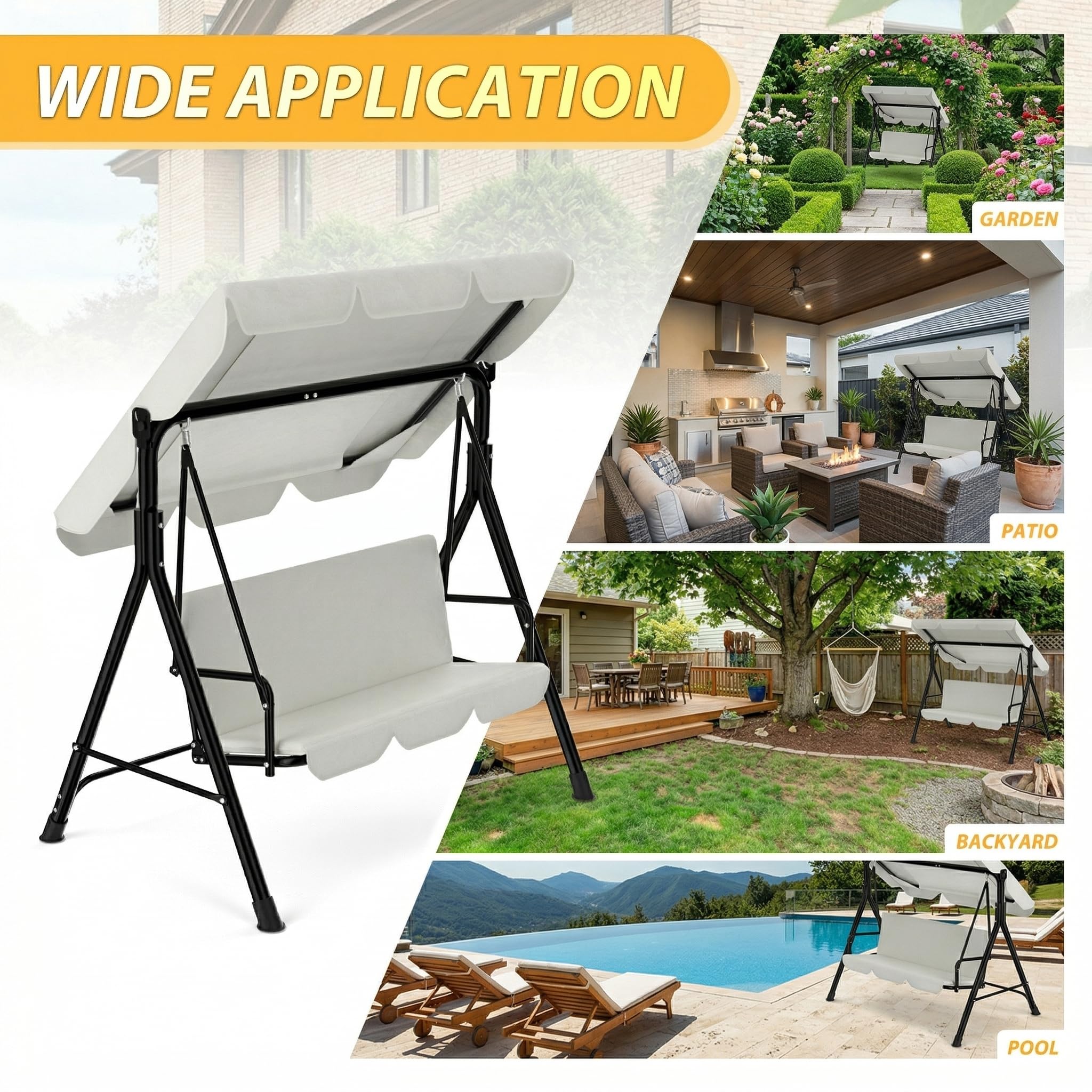 Balancelle 3 Places Beige Taille XXL 195 cm avec Toit réglable, Structure Acier 200 kg, Coussins Confortables 6 cm, Anti-UV et Anti-Pluie pour l'extérieur