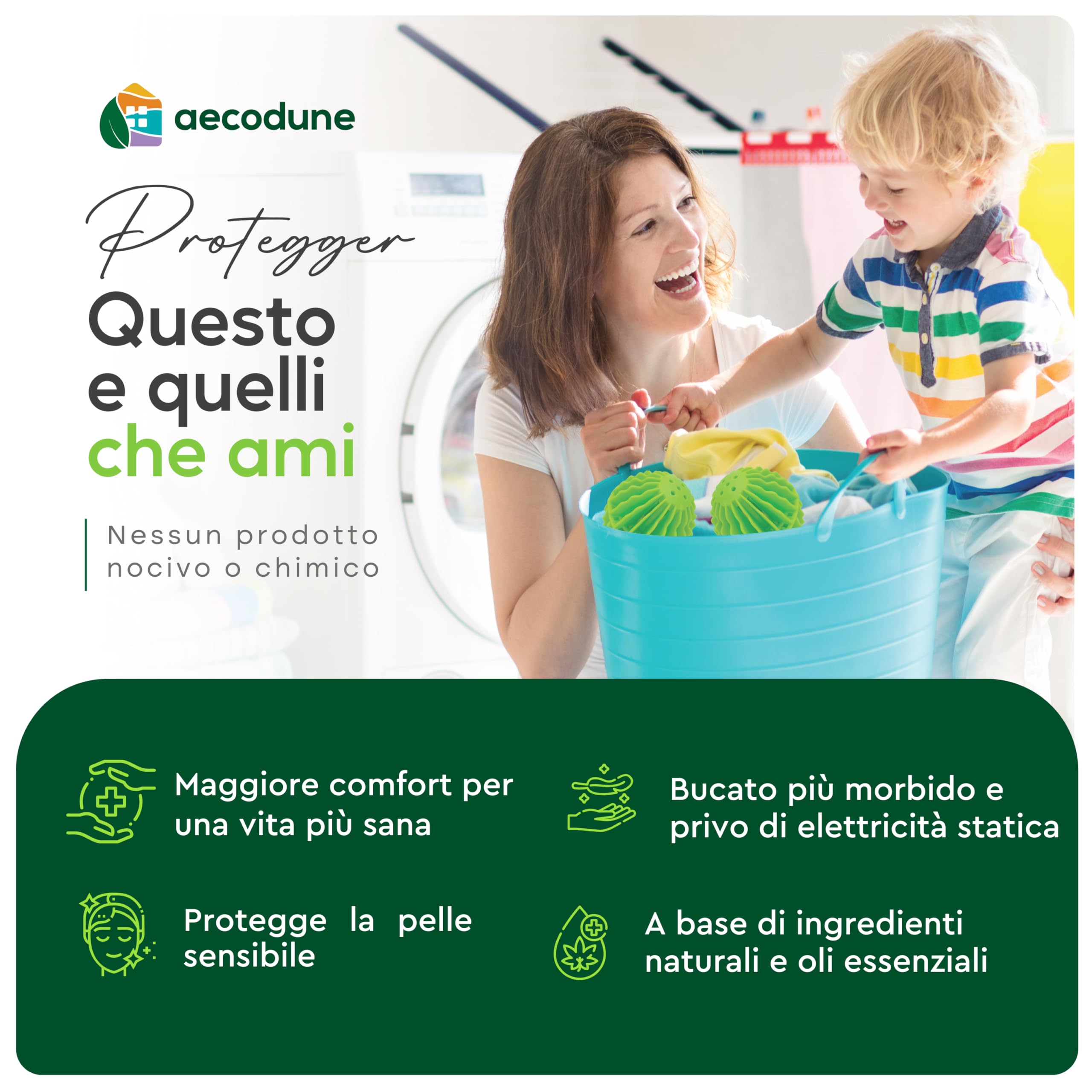 aecodune Palla Asciugatrice Innovativa, 2x Palla per Asciugatrice Riutilizzabile – Riduce il Tempo di Asciugatura - Ammorbidente per Biancheria e Profumo di Bucato - Ingredienti Naturali ed Economie