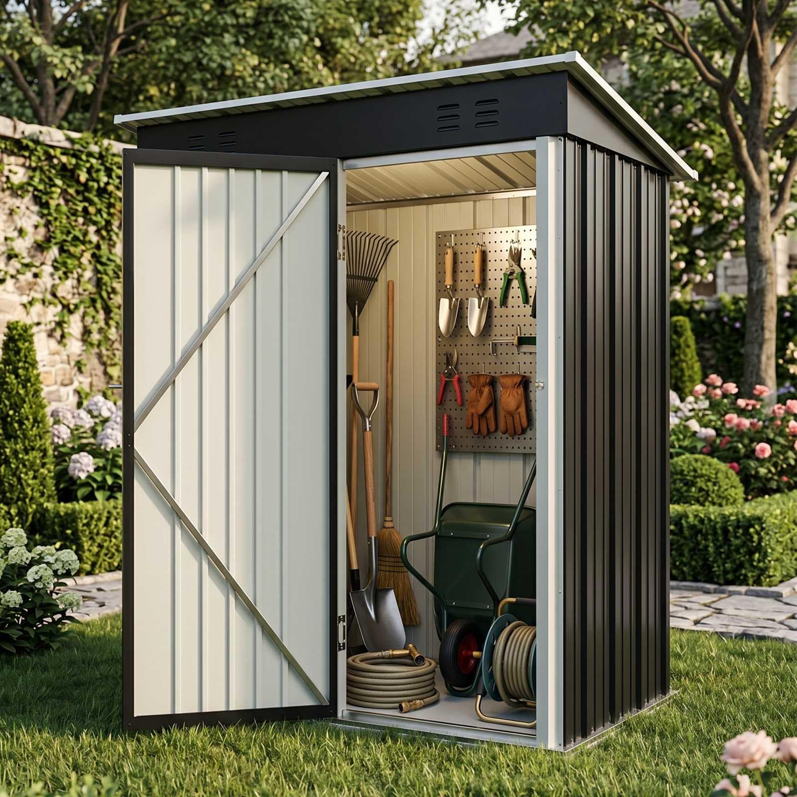BIRCHTREE Metal Garden Shed Pent Roof 3X5FT Small Outdoor Storage Cabinet Hinge Door Grey