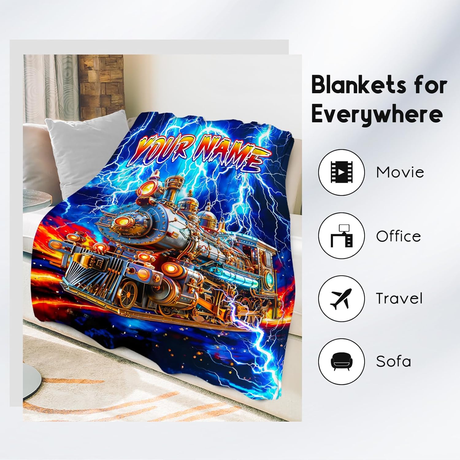 Kids Throw Blanket, Custom Train Blanket for Boys Age 6-8, Personalized Car Theme Gifts with Name, Cozy Flannel Throw for Living Room (4 Sizes) - Image 4