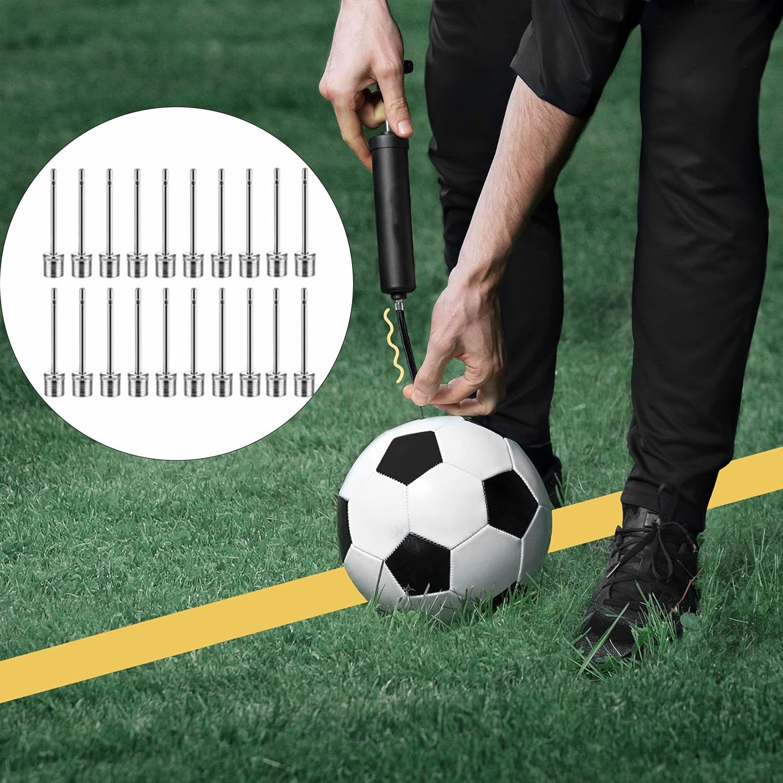 Miernik ciśnienia powietrza Ball Sport 1 szt. i igła do pompki do piłek, 20 sztuk – przenośne urządzenie do pomiaru ciśnienia powietrza z igłą do wszystkich zaworów kulowych sportowych
