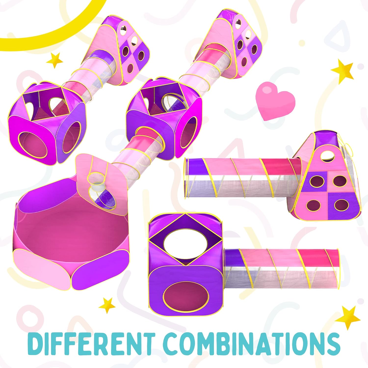 Playz 5pc Children's Playhouse Popup Tents, Tunnels, and Basketball Hoop for Girls, Boys, Babies, Kids and Toddlers with Zipper Storage Case for Indoor & Outdoor Use (Yellow, Pink, Purple) : Toys & Games