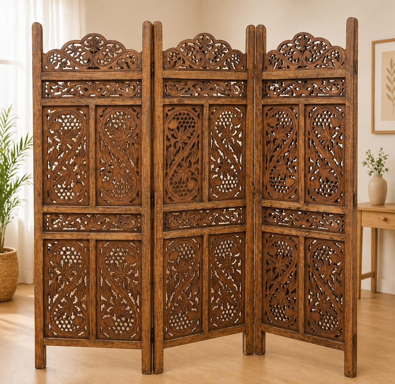 Home & Goods International Wooden Room Divider Partition – 5-FT Folding Privacy Screen Decorative Freestanding Panel for Home, Office & Studio with SS Design Cutout – Brown (3 Panel)-image-10