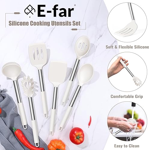 Miniatura 4 de E-far Juego de utensilios de cocina de silicona de 14 piezas, juego de utensilios de cocina con soporte, espátula, cucharón, cuchara, espátula