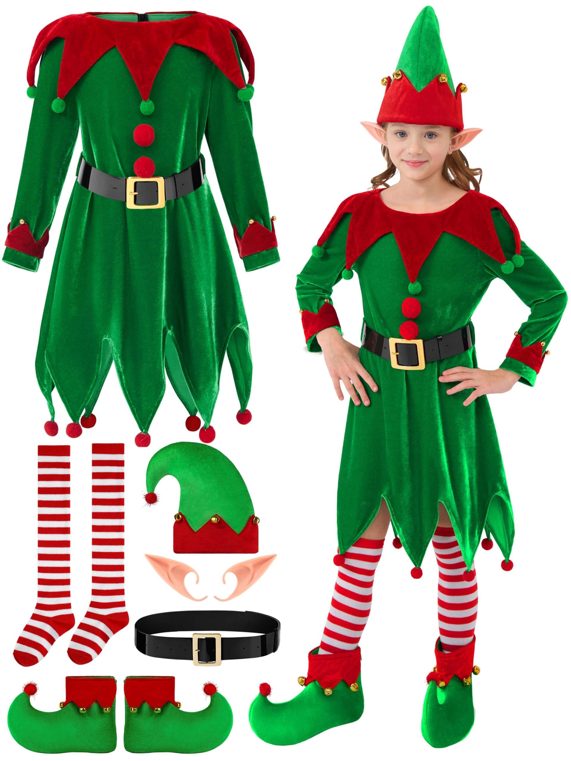 FancyFun 6 Pack Christmas Kids Elf Costume, Girls Christmas Elf Costume Velvet Dress Cosplay Outfit Belt Socks Ears Hat Shoes