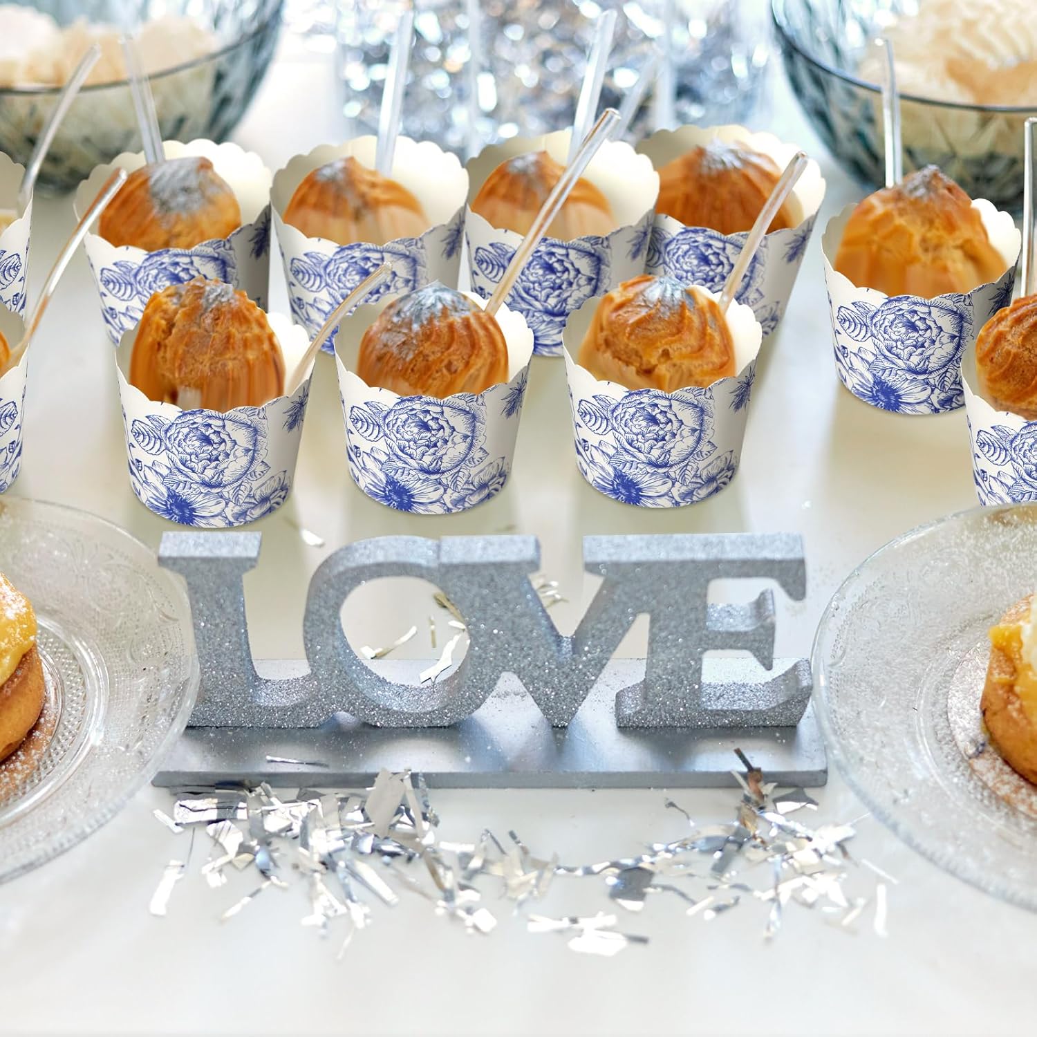 Uiifan 200 Pcs Blue Floral Muffin Cups Bulk 6 oz Blue Flower Wedding Favors Vintage Cupcake Liners Paper Chinoiserie Floral for Bridal Shower Wedding Bridesmaid Cocktail Birthday Party - Image 6