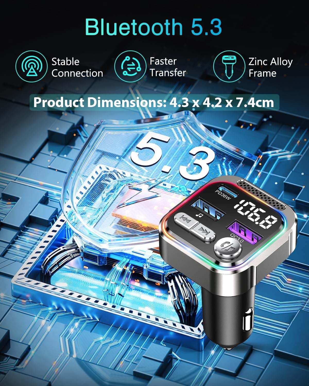 ORIA Nadajnik FM Bluetooth 5.3 66W, PD 36W + QC3.0 18W Samochodowy Nadajnik Bluetooth Radio, Połączenia Głośnomówiące, Synchronizacja Muzyki, Światło Oddechowe, Samochodowy Adapter Muzyczny