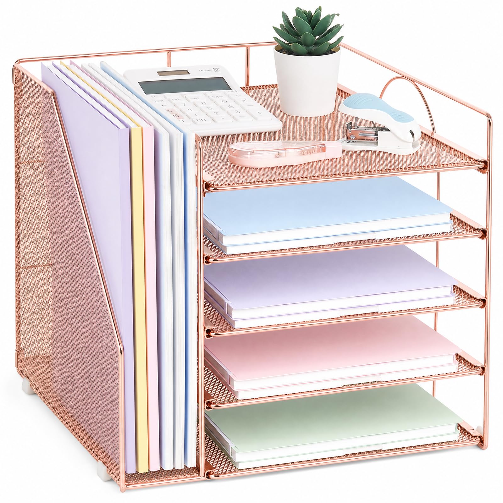 LEKETREE Organisateurs de Bureau et Accessoires, bac à courrier en Papier à 5 Niveaux avec Porte-fichiers, Organiseur de Bureau pour Fournitures de Bureau, Accessoires de Bureau et Espace de Travail