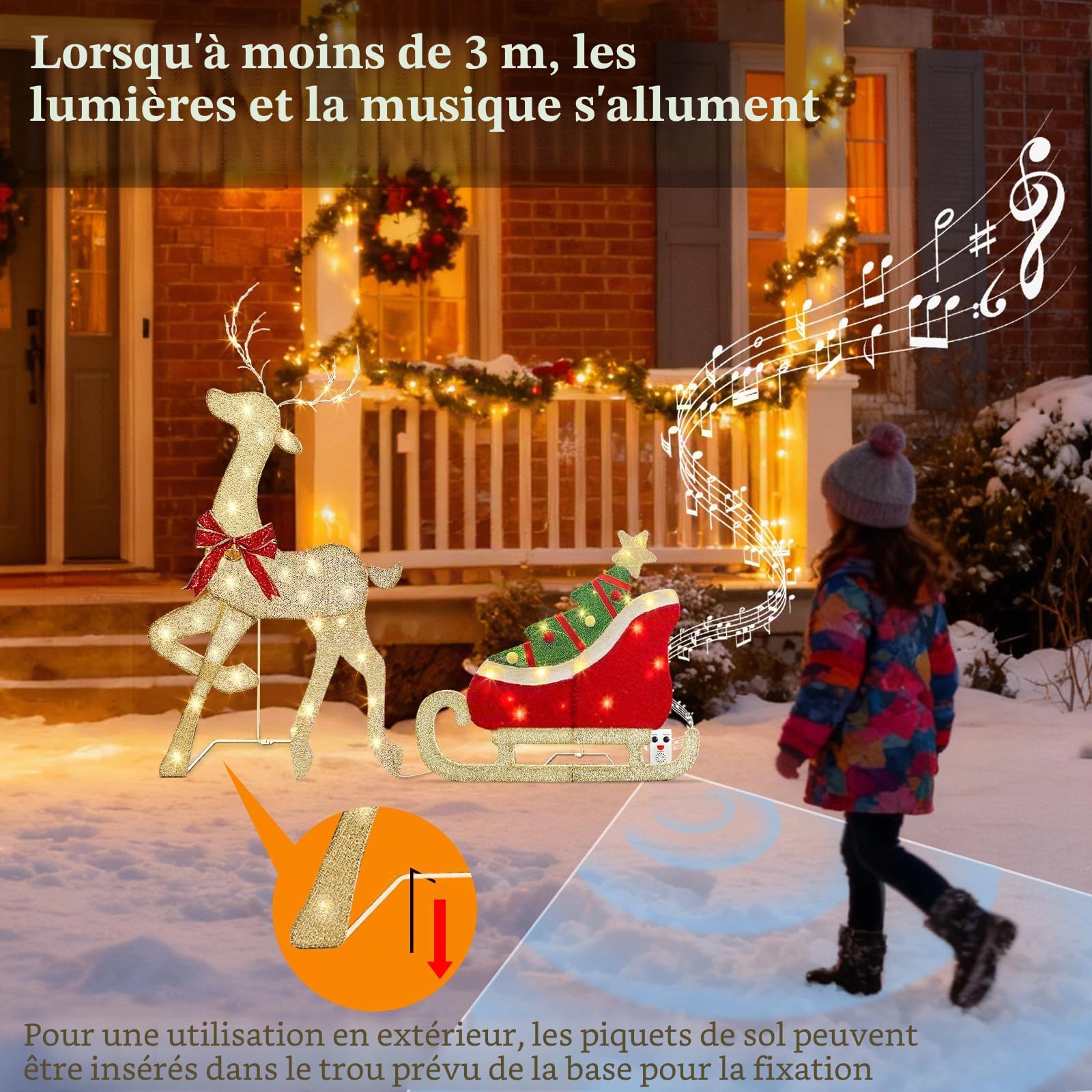 Renne Lumineux avec traîneau et 117 LED Blanc Chaud, décoration de Noël sur Pied avec détecteur de Musique et de Mouvement, Renne de Noël pour l'intérieur et l'extérieur, 107 cm
