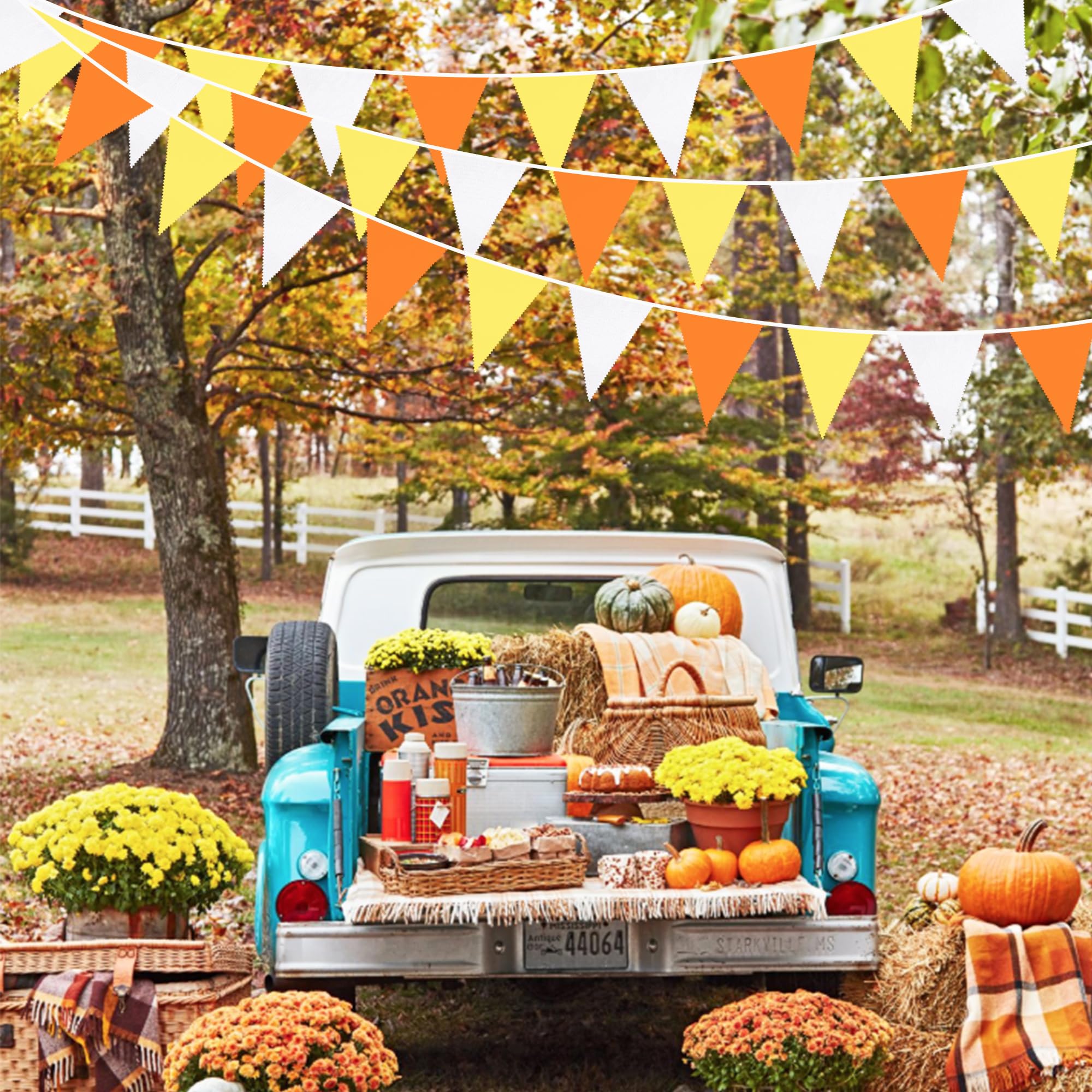 Wimpelgirlande aus Stoff, 90 cm, Orange, Gelb, Weiß, Dreiecksflagge, Wimpelkette, Girlande für Herbst, Hochzeit, Geburtstag, Sonnenschein, groovige Party, Erntedankfest, Outdoor, Garten, hängende