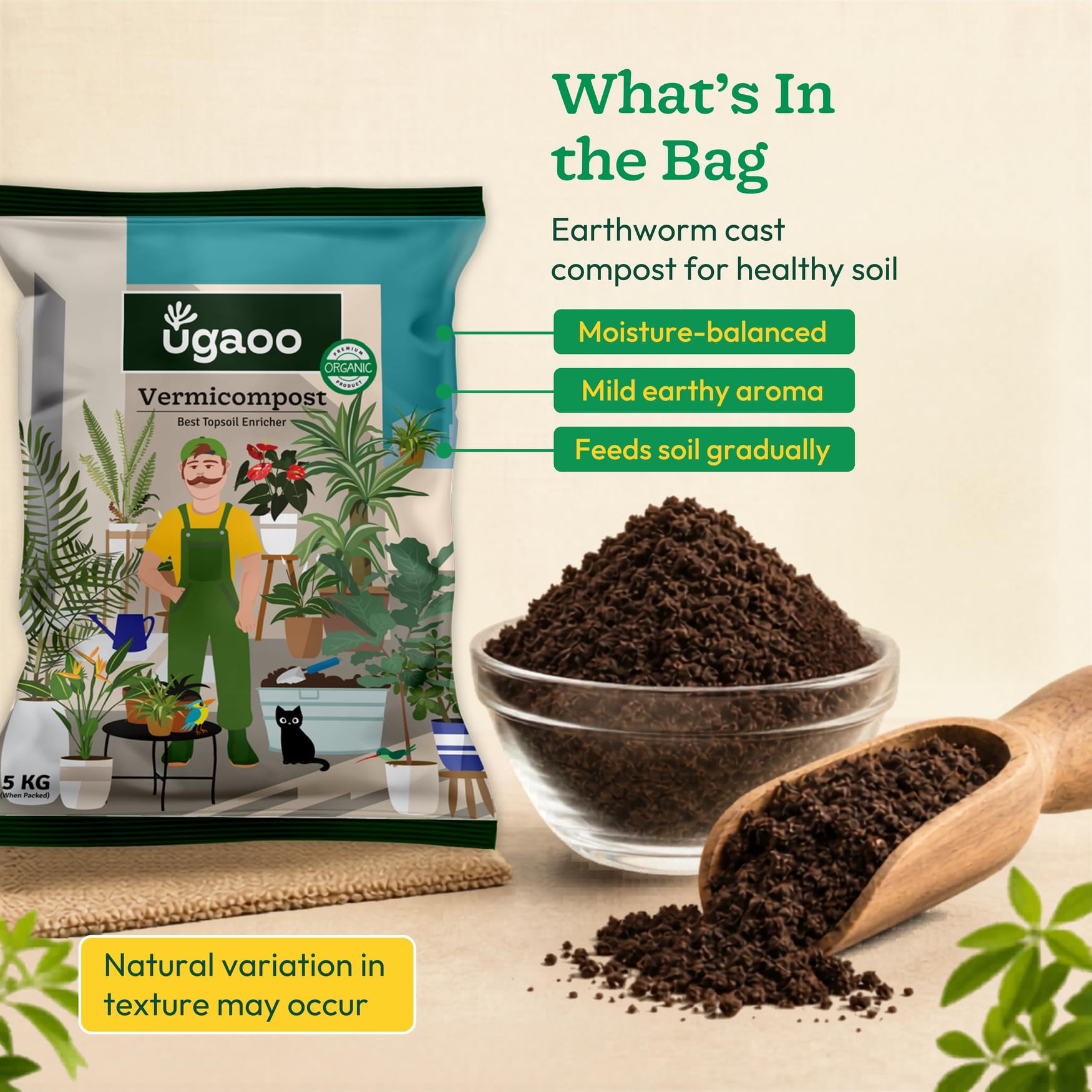 Ugaoo Organic Vermicompost for Plants 5 Kg | Pure Earthworm Compost Manure Rich in NPK & Micronutrients | Natural Plant Food for Indoor, Outdoor Flowering & Home Garden | Sterilized and Odour-Free