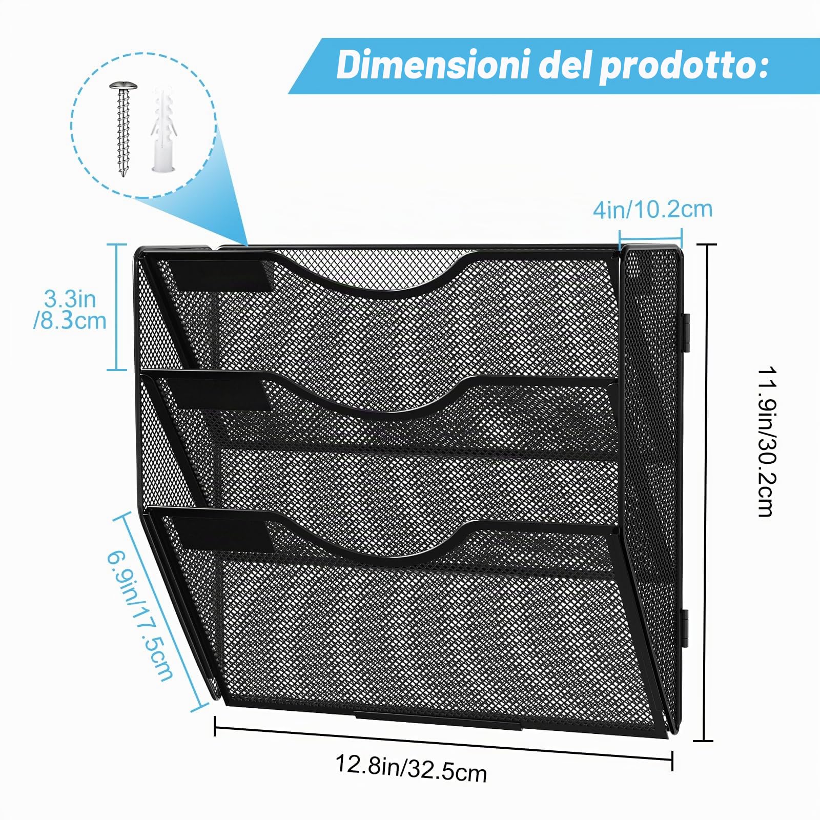 Organizer Documenti da Parete 3 Livelli con Portariviste A4 - Metallo Schedario Ufficio Multifunzione, Portabrochure per Casa e Scuola - Nero