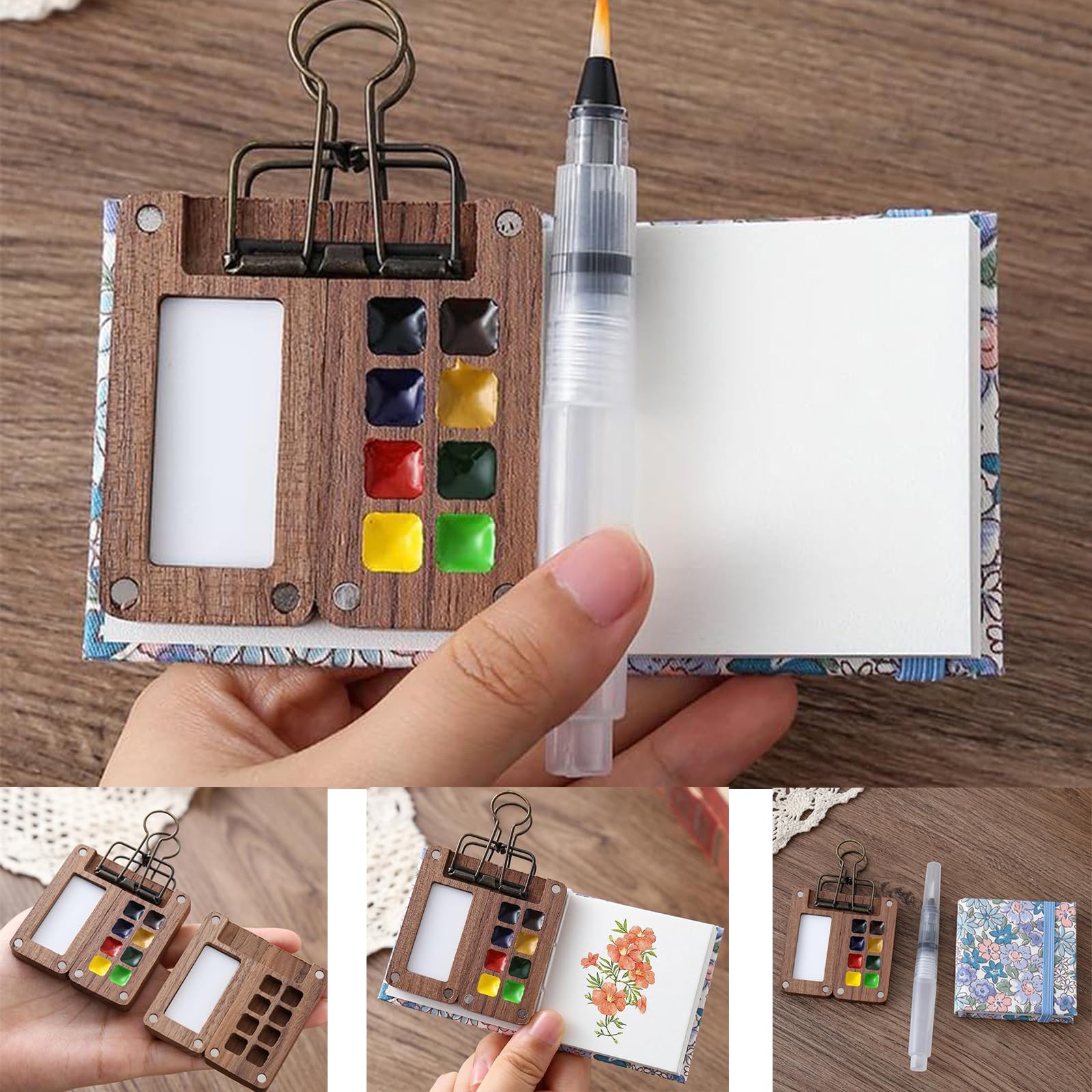 Kit Aquarelle Tobios – Palette Noyer 8 Ou 15 Couleurs – Set De Peinture Voyage – Carnet + Pinceau – Idéal Artistes Débutants Et Pros