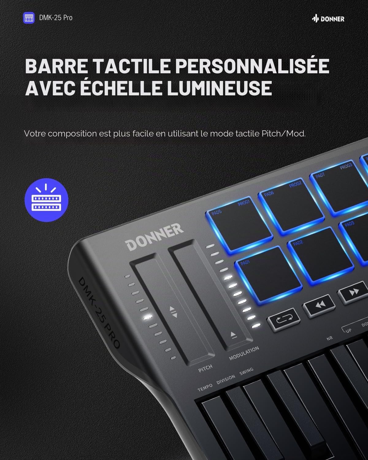Donner Contrôleur Clavier MIDI USB-C, Mini Portable 25 Touches avec 8 Pads de Batterie,Écran OLED,16 Gammes Intelligentes,Arpège, Replay,4 Logiciels DAW et 40 Cours d’Apprentissage, DMK 25 Pro Noir