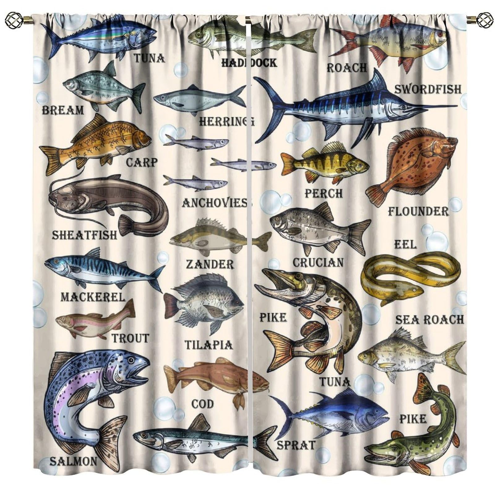 SENQIAN Vintage Fish Curtains Kids Colourful Cartoon Fish Printed Rod Pocket Blackout Window Treatment for Living Room Bedroom Kitchen Cafe Decor
