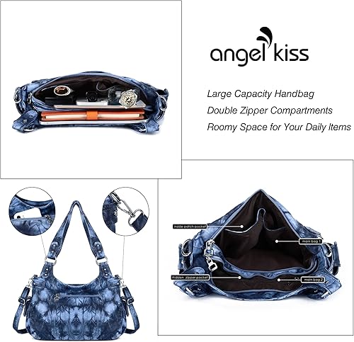 Miniatura 3 de Angelkiss Bolsos grandes y carteras para mujer de cuero sintético lavado tipo hobo, bandolera, bolso cruzado, bolso de hombro, bolso de mano