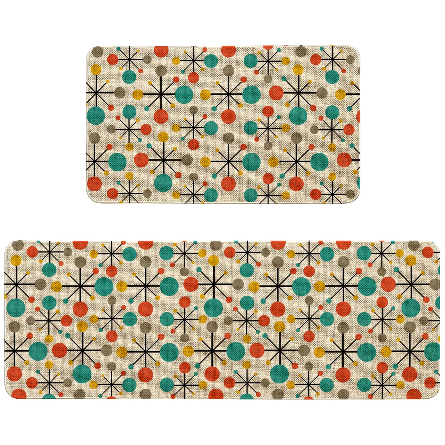 Mid Century Atomic Kitchen Rugs Sets of 2 Non Slip Washable