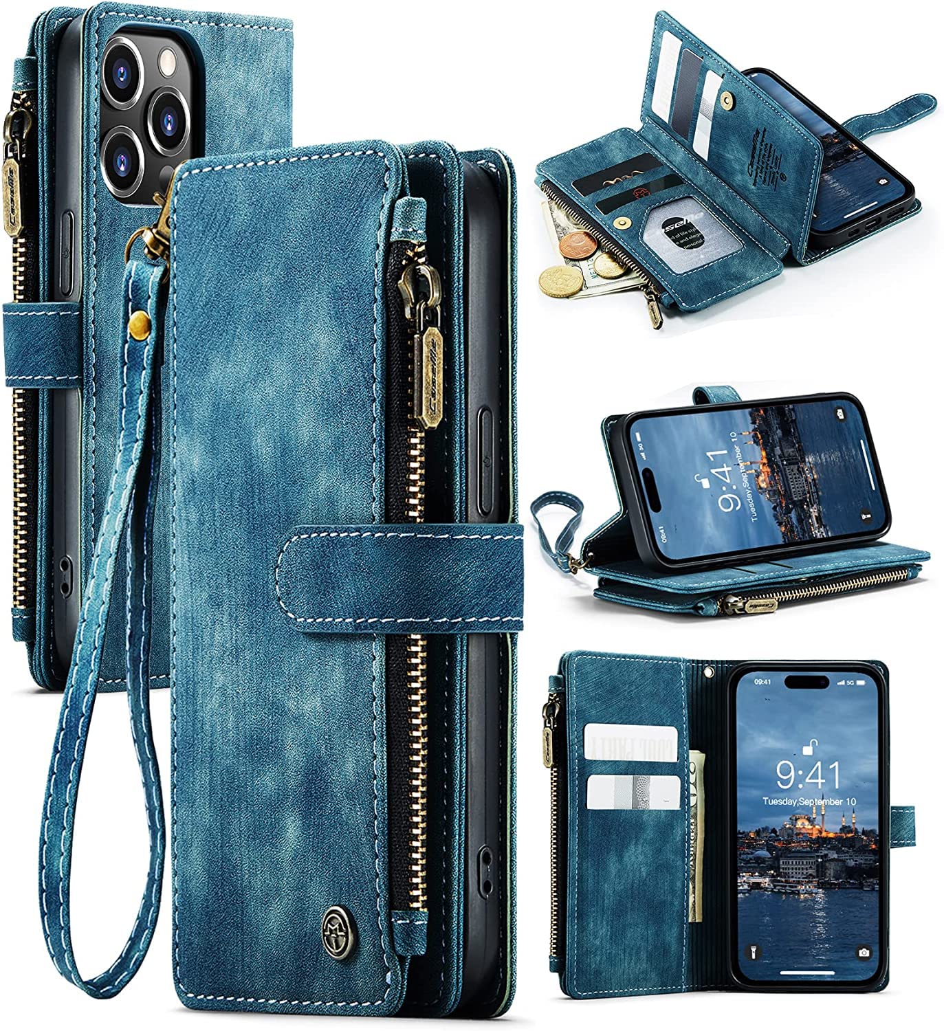 Case Me iPhone 14 Pro Wallet Case, PU Leather Book Folding Flip Folio Case with Card Holder Kickstand Magnetic Closure Phone Cover for iPhone 14 Pro 2022 6.1 inch, Blue by Dragon City
