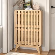 Jluomei Narrow Shoe Cabinet Storage for Entryway, Modern Cabinet Rack with 2 Flip Drawers, Slim Wood Fluted Entry Way Shoe Organizer, Wooden, Small, Farmhouse, Freestanding, Natural Oak 39.4 Inch