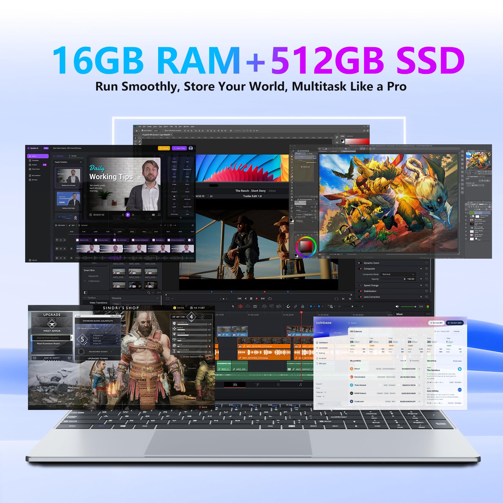 15,6 Pollici Notebook Core i5 7Y54 Processore, 16GB RAM 512GB SSD, Office 365 PC Portatile 1920*1080 FHD Schermo, Win11 Laptop Mini-HDMI USB3.0 Computer Portatile Tastiera Numerico Retroilluminata
