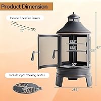 Vista 2 de Fogata de metal para exteriores para quemar leña, chimenea de 24 pulgadas con bandeja de parrilla ajustable, puerta mosquitera y póquer de fuego