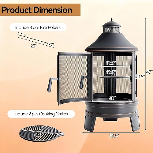 Miniatura 2 de Fogata de metal para exteriores para quemar leña, chimenea de 24 pulgadas con bandeja de parrilla ajustable, puerta mosquitera y póquer de fuego,