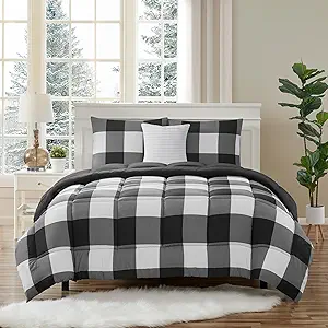 7 Piece Comforter Set Bag Solid Color All Season Soft Down Alternative Blanket & Luxurious Microfiber Bed Sheets, Queen, Buffalo Plaid Black/White