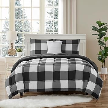 7 Piece Comforter Set Bag Solid Color All Season Soft Down Alternative Blanket & Luxurious Microfiber Bed Sheets, Queen, Buffalo Plaid Black/White