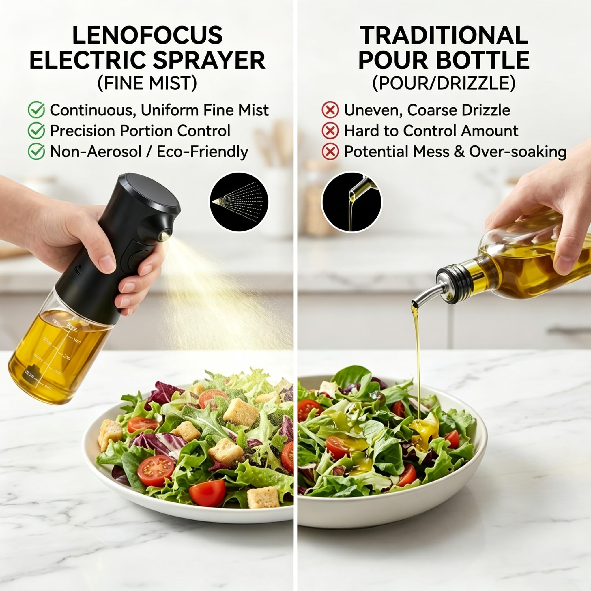 Pulverizador de aceite eléctrico para cocinar, rociador de aceite de oliva de vidrio recargable, botella de pulverización continua de niebla fina a pilas para freidora de aire, ensalada