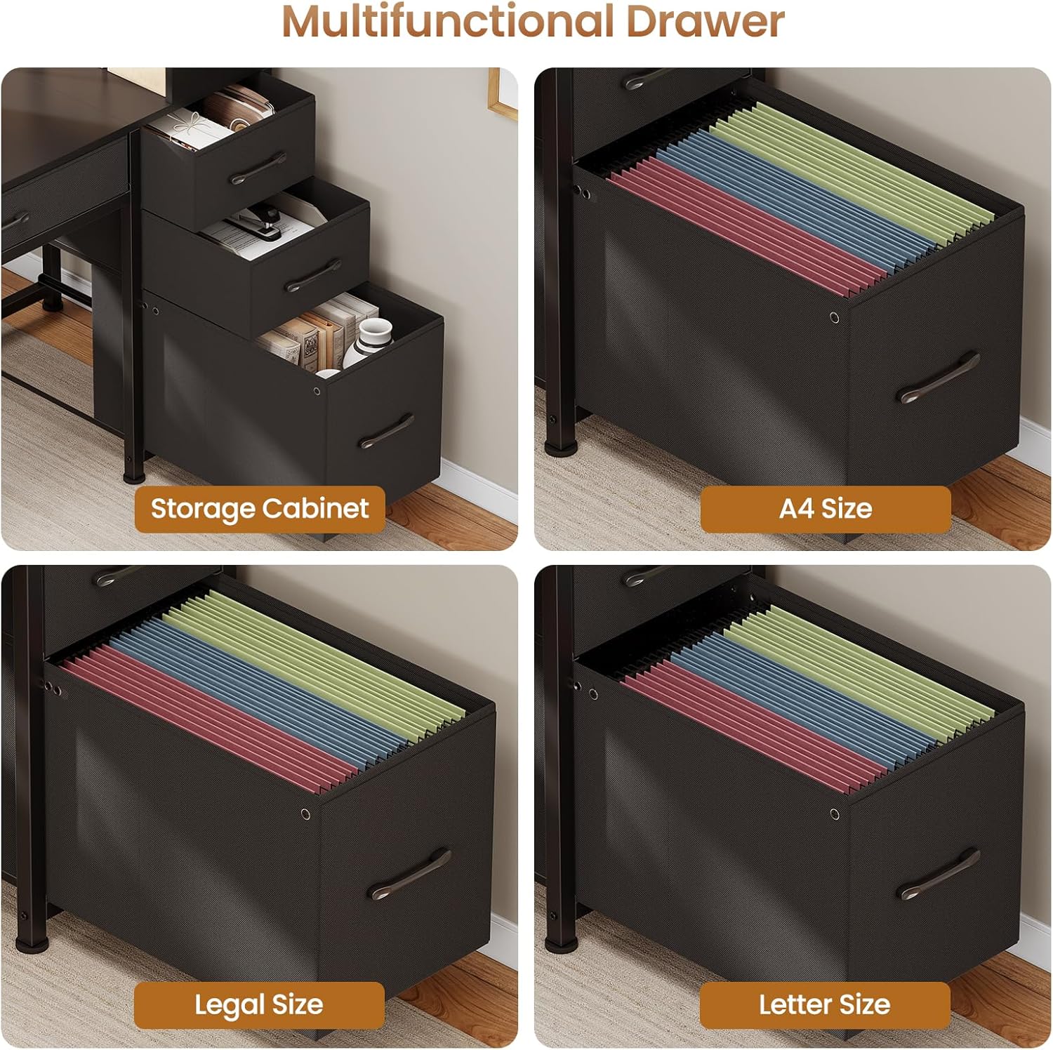 SEDETA Computer Gaming Desk with 5 Drawers and Bookshelf, Reversible Home Office Desk with Storage Shelves and File Drawer, Corner Desk with LED Lights for Small Spaces, Black