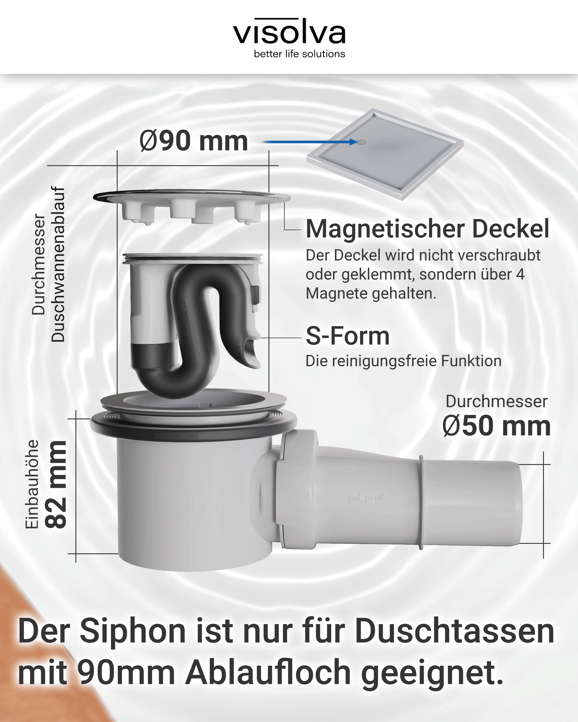 Flow Siphon World - Desagüe para plato de ducha sin limpieza y mantenimiento (90 mm, para evitar obstrucciones y olores, ideal para nuevas construcciones y renovación)