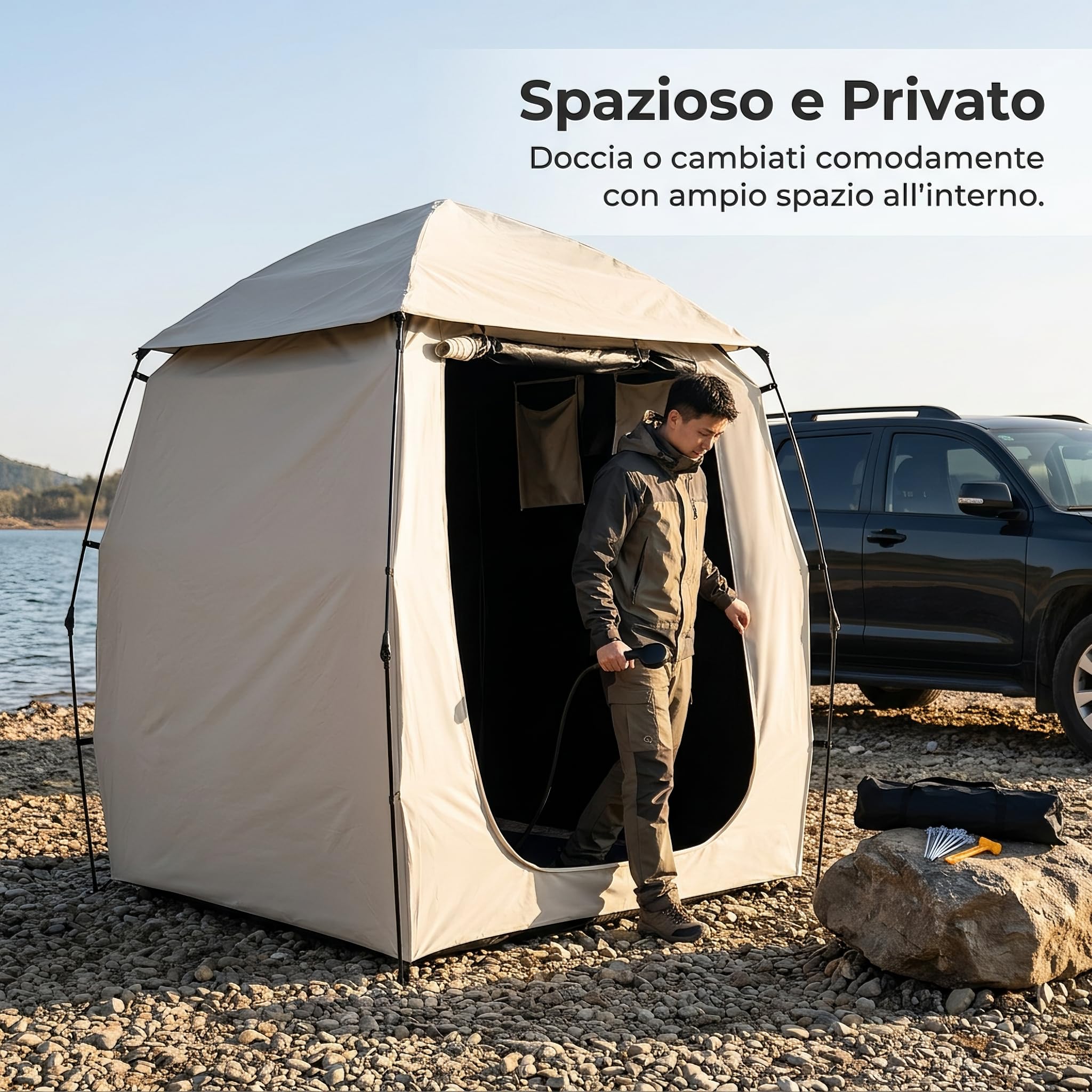 Doccia Up Portatile per Privacy, Impermeabile e Anti, per Campeggio e Attività all'Aperto, Cachi, Con telaio in fibra di vetro e porta a U, aggiornato con colla nera ispessita, Beige