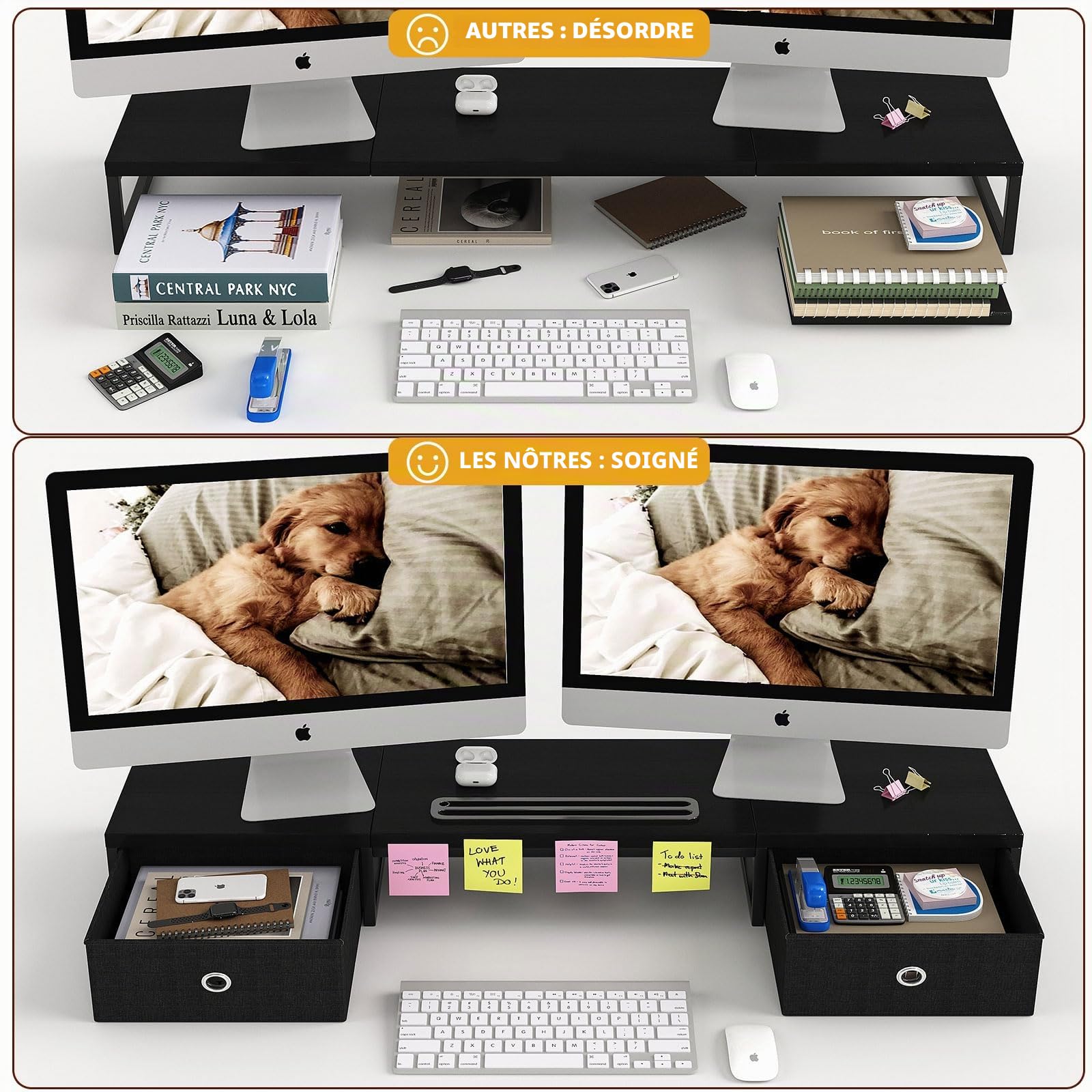 Double support pour moniteur avec 2 tiroirs – Support de ordinateur pour 2 moniteurs, organiseur de bureau en bois parfait pour bureau à domicile