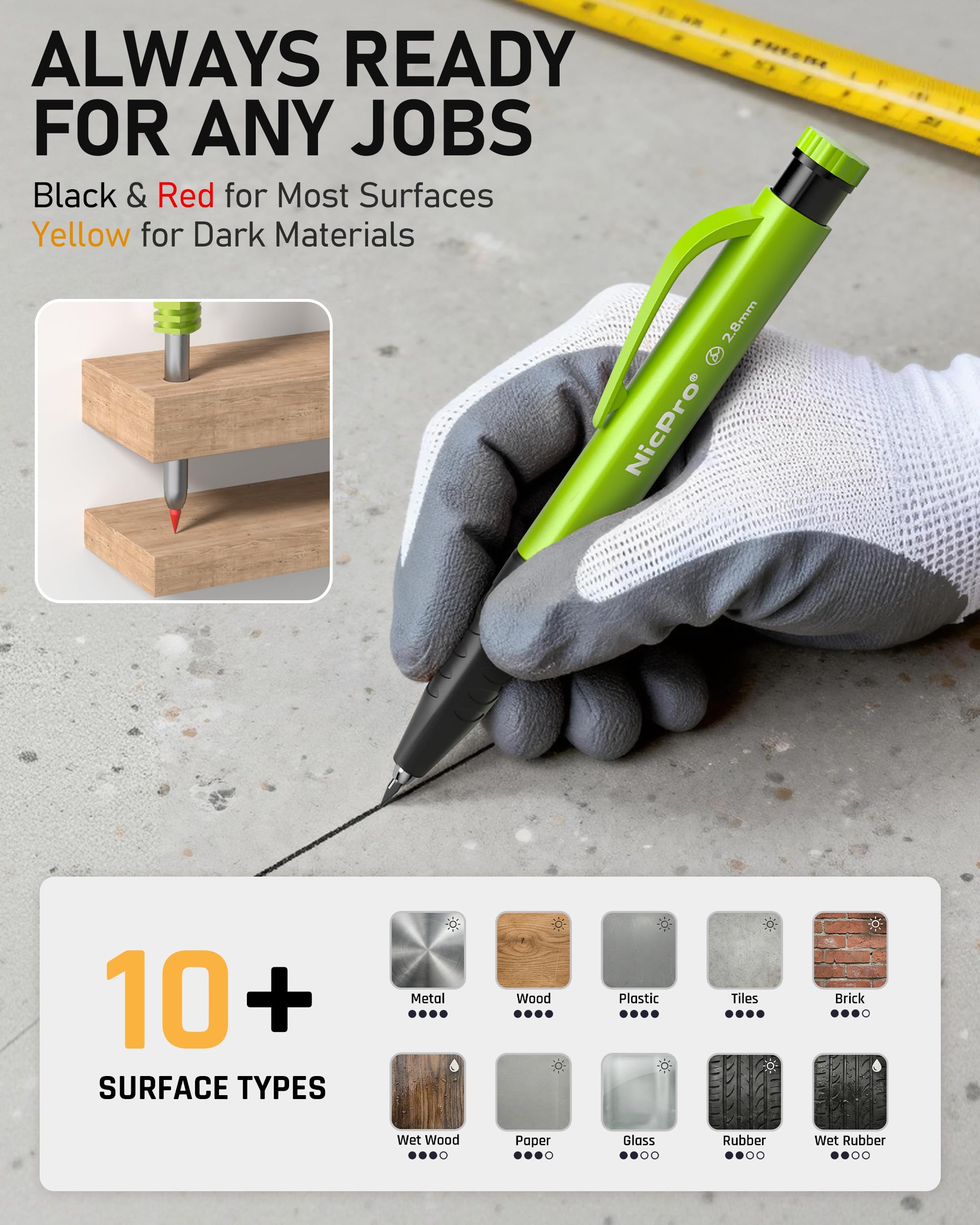 Nicpro 6 Pack Upgraded 3-IN-1 Carpenter Pencil Set with Finger Grip, Construction Pencils with 54 Refill & Mini Spirit Level, Deep Hole Carpenter Tool, Mechanical Carpenter Pencil for Woodworking — Amazon image 2