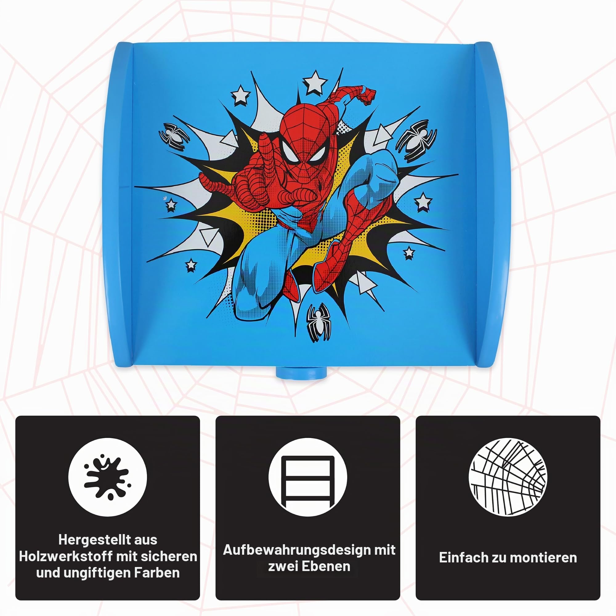 Spider-Man Nachttisch, stabile Holzwerkstoff-Konstruktion mit 2-stöckigem Design für reichlich Stauraum, kleiner Beistelltisch mit Schublade und Ablagefach für Kinderzimmer