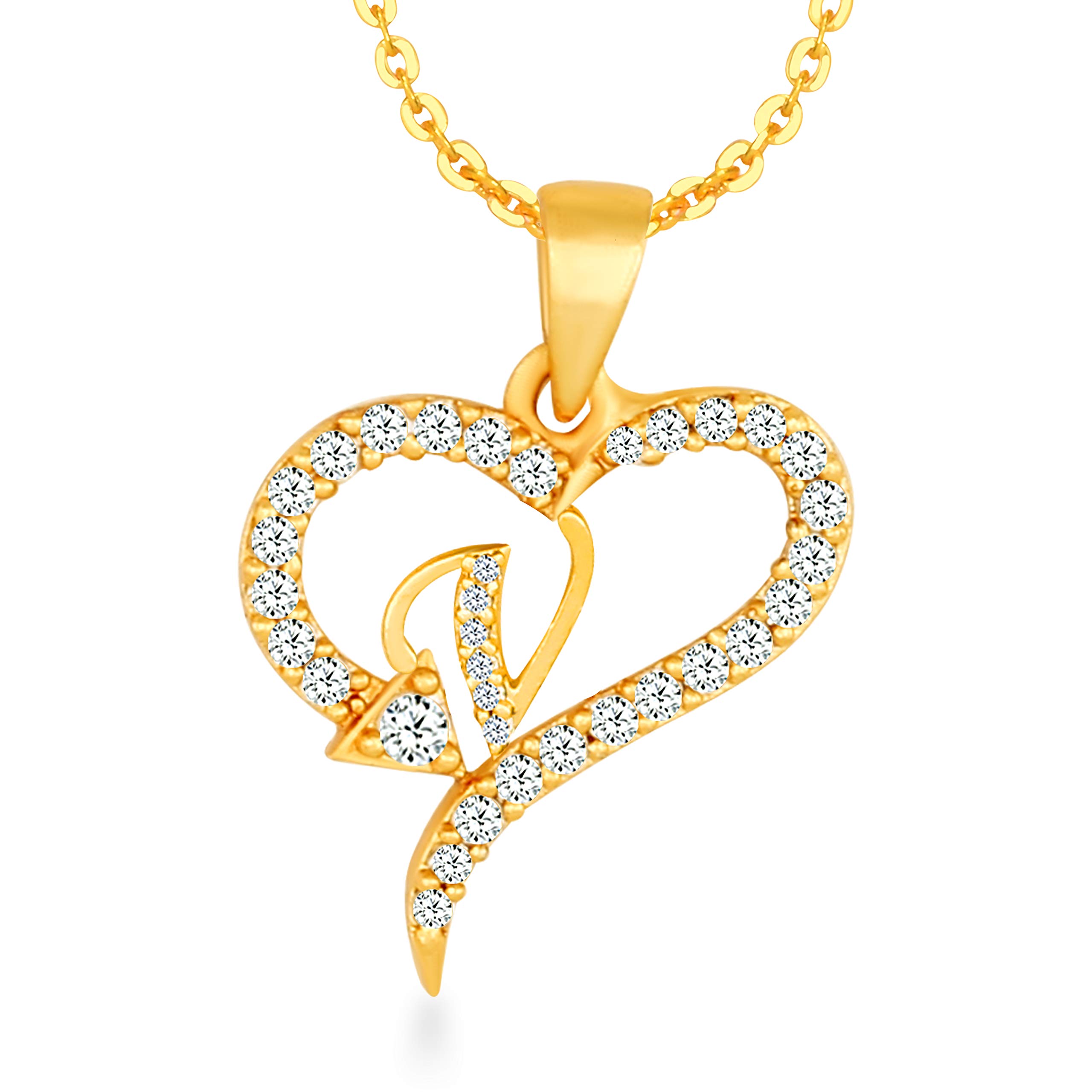 Kanak JewelsSpade shape V Letter Fashion Jewellery Valentine Gift Alphabet Heart Chain Necklace pendant for girls women men boys girlfriend Jewellery Gold-plated Cubic Zirconia Alloy Brass Pendant