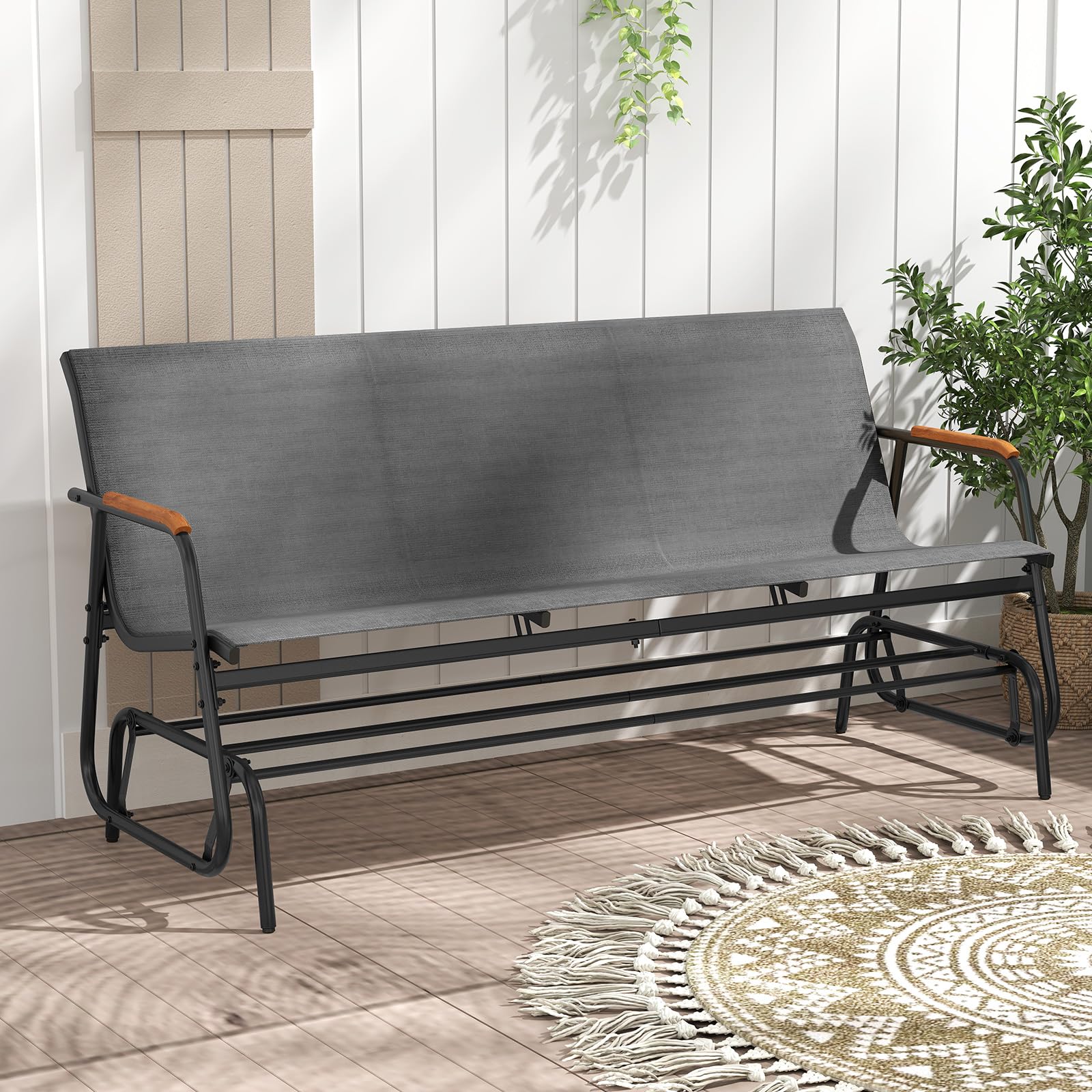 FANTASK 3-Sitzer Gartenbank, Schaukelbank bis 450 kg mit sanfter Gleitbewegung, Schaukelstuhl mit atmungsaktivem Stoffsitz, Terrassenbank für Garten, Balkon, Terrasse (Grau)