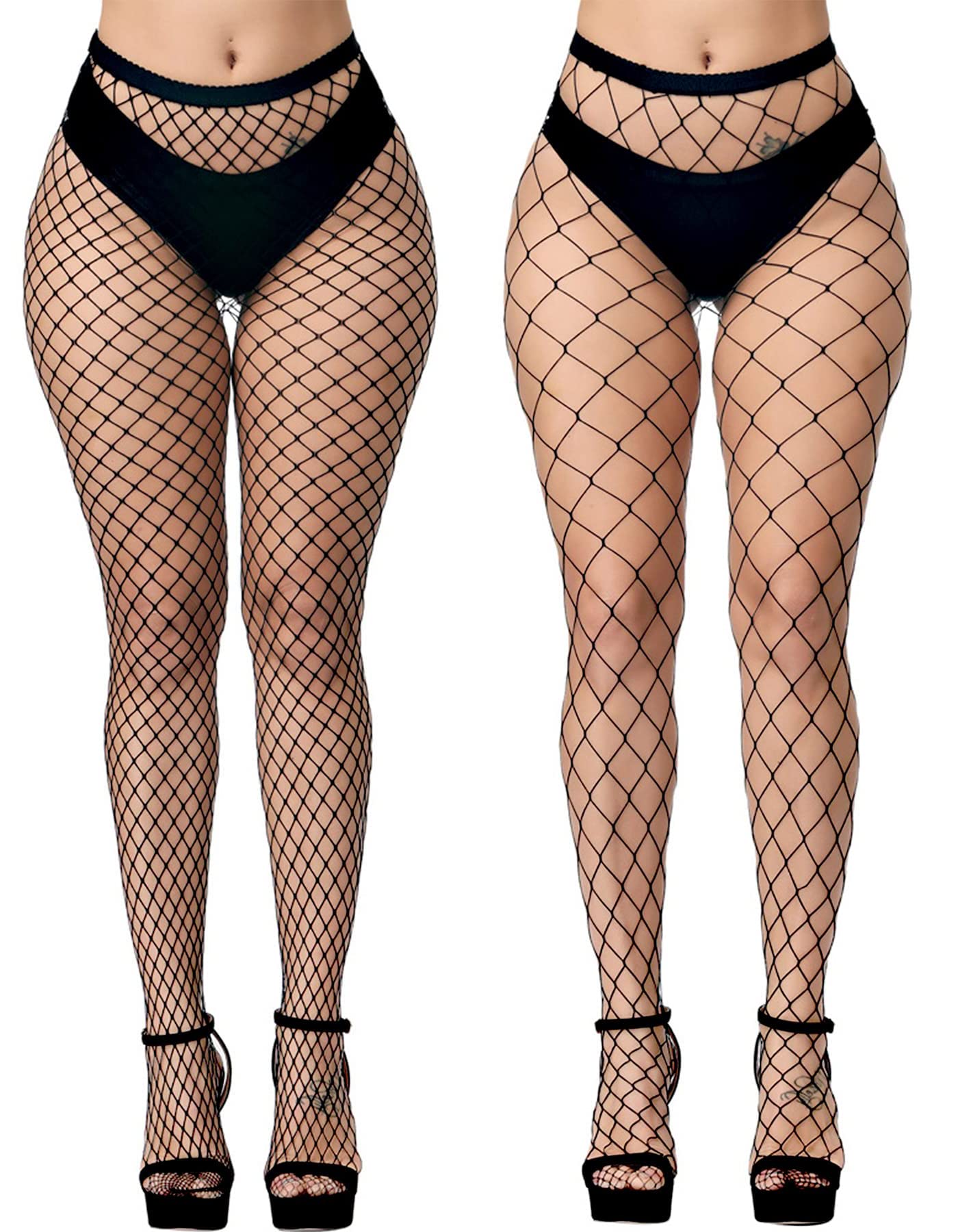 E-Laurels Womens High Waist Patterned Fishnet Tights Suspenders Pantyhose Thigh High Stockings Black