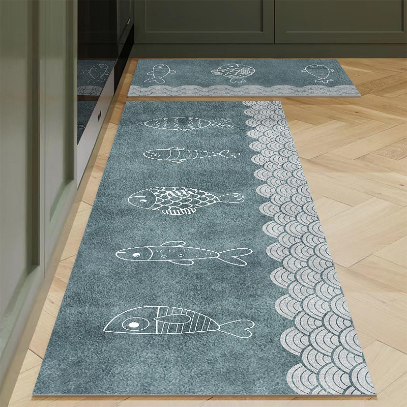 Lot De 2 Tapis De Cuisine Lavables – Motif Poisson Bleu – Dimensions 50x80 Cm Et 50x160 Cm – Antidérapants, Microfibre - 2