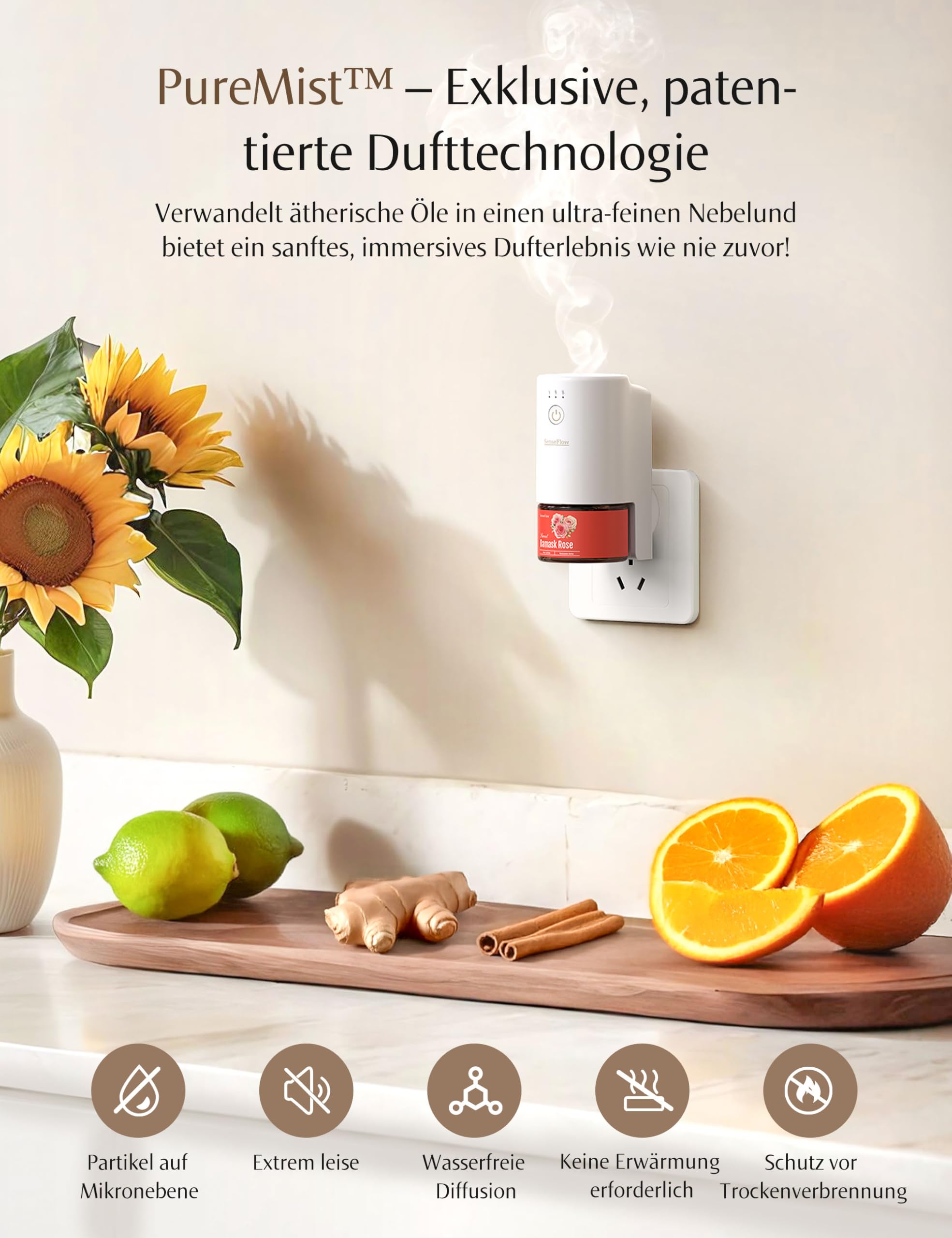 Aroma Diffuser für Ätherische Öle Wi-Fi SF101S Pro, Wasserloser Ultraschall Duftstecker Raumduft, 100% pflanzlich Lufterfrischer, 120 Tage Aroma für Zuhause bis zu 100 m²- Amberholz-Gewürz