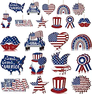 Patriotic Wooden Ornaments 4th of July Wood Hanging Ornaments for Tree Independence Day Gnome Wooden Ornament or Tiered Tray Decorations for Independence Day Party Favors (Cute Style, 24 Pieces)