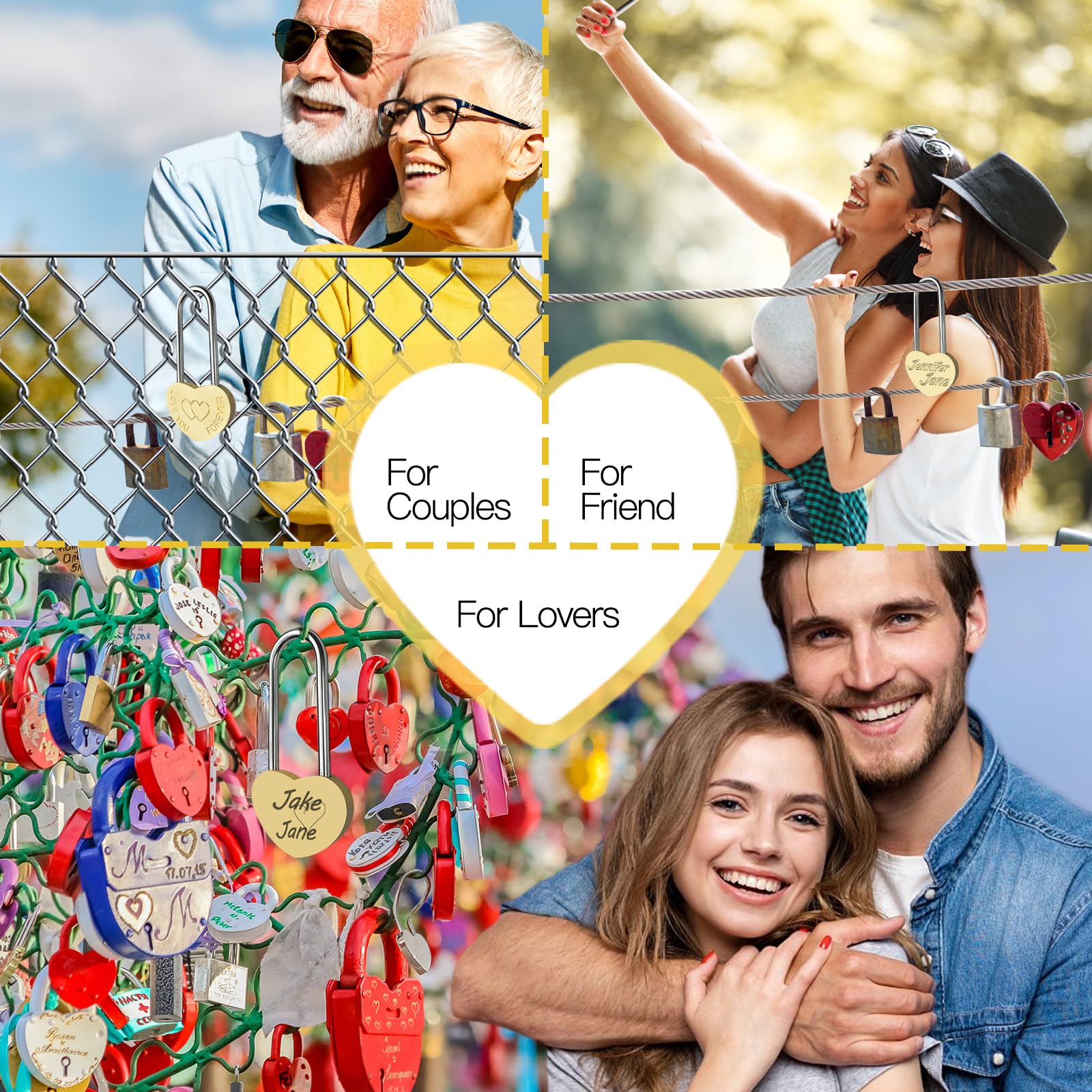 5 candados de latón con corazón único de 3.5 pulgadas, 50 mm, candado de metal grabado Love-You-Forever para puente Lovelock, boda y aniversario (sin llave)