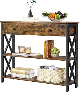 Yaheetech Industrial Console Table with Drawer Metal Frame, Vintage Sofa Table with 2 Open Shelves for Living Room, Hallway, Bedroom, 100x29.5x81cm, Rustic Brown